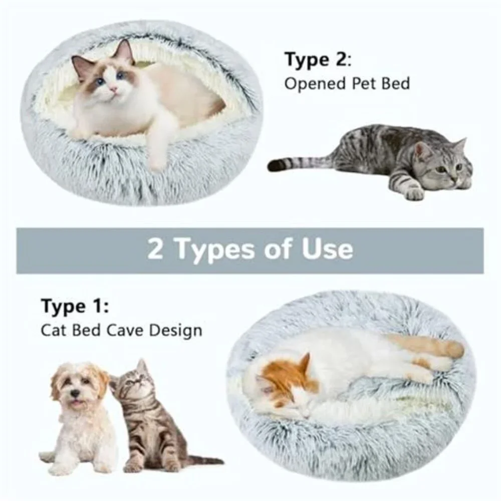 Calming Cat Bed Plush Cat Cave Anti Anxiety Pet Bed Round Cat Nest Small Dog Bed